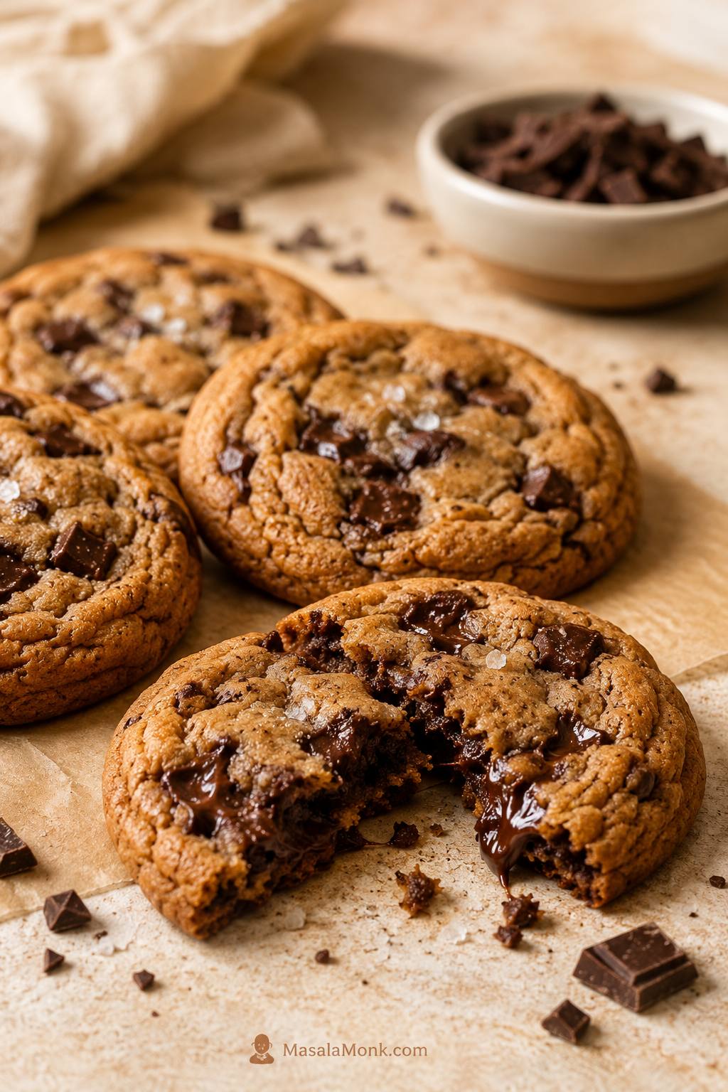 Brown butter chocolate chip cookies on parchment with rippled tops, crisp golden edges, chewy centers, and melted chocolate pockets.