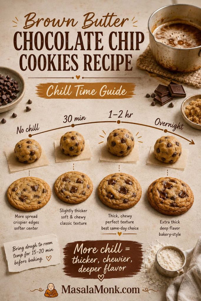 Chill time guide for brown butter cookie dough showing no chill, 30 minutes, 1 to 2 hours, and overnight options.