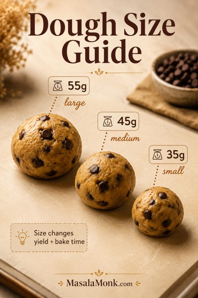 Brown butter cookie dough size guide showing 55 gram large, 45 gram medium, and 35 gram small portions.