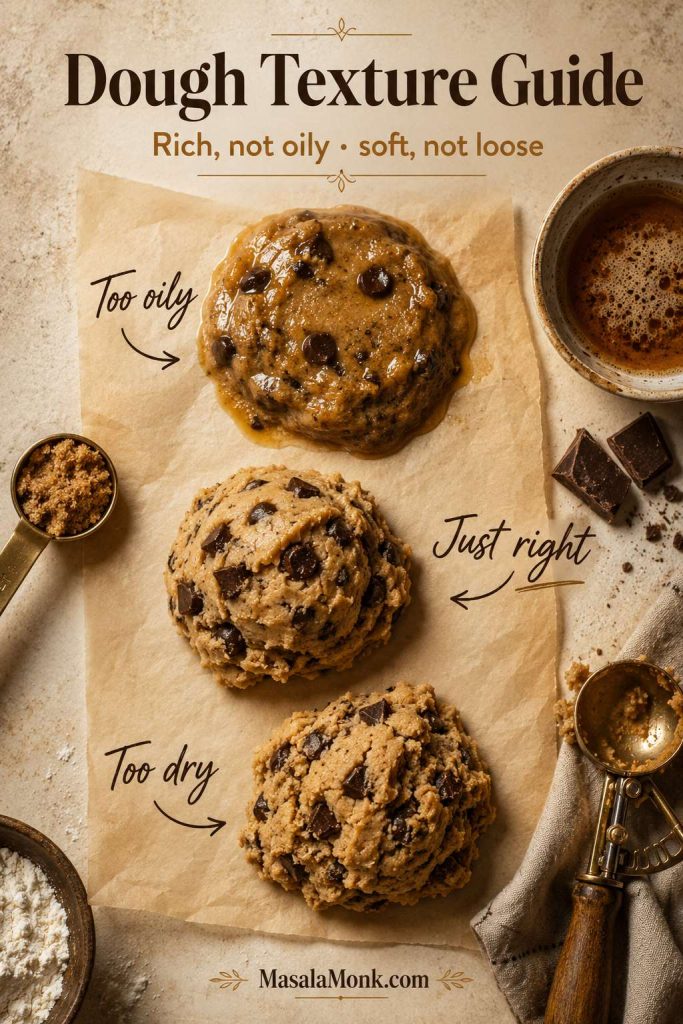 Brown butter cookie dough texture guide comparing dough that is too oily, just right, and too dry.