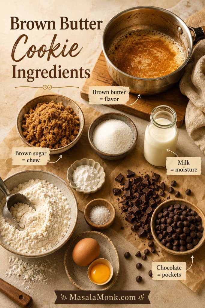 Ingredients for brown butter chocolate chip cookies including browned butter, brown sugar, white sugar, milk, flour, egg, and chocolate.