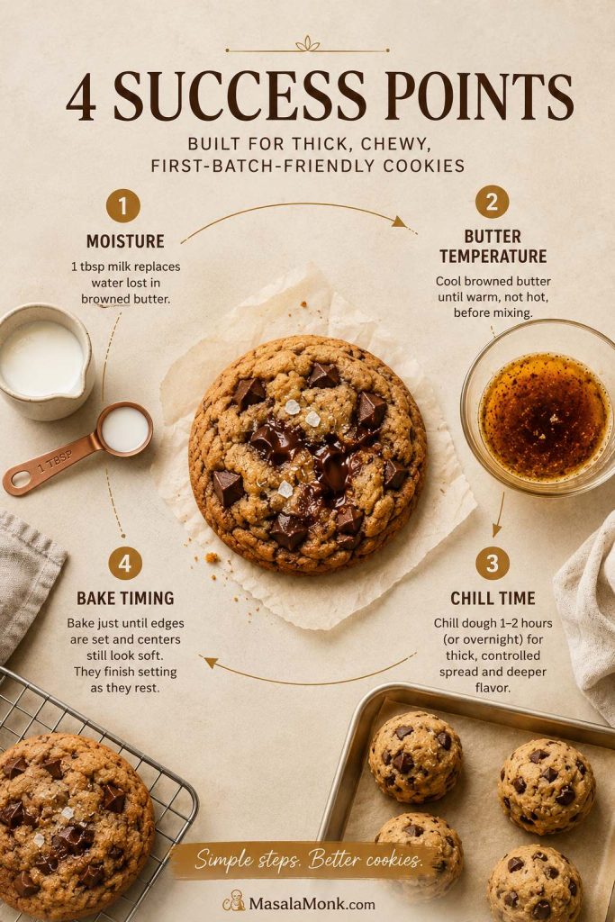 Four-part brown butter cookie success guide showing moisture, butter temperature, chill time, and bake timing with dough and cookie examples.