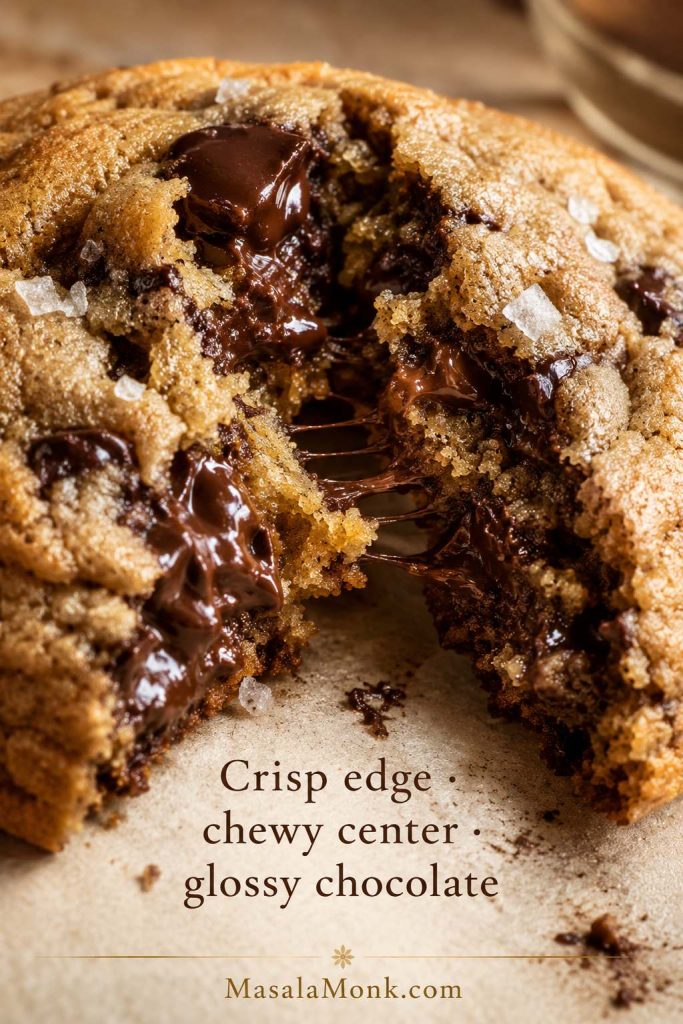 Close-up of a broken brown butter chocolate chip cookie showing a chewy center, crisp edge, glossy melted chocolate, and flaky salt.