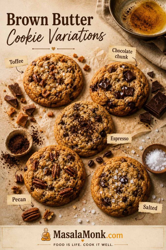 Brown butter cookie variations showing toffee, chocolate chunk, espresso, pecan, and salted cookies.