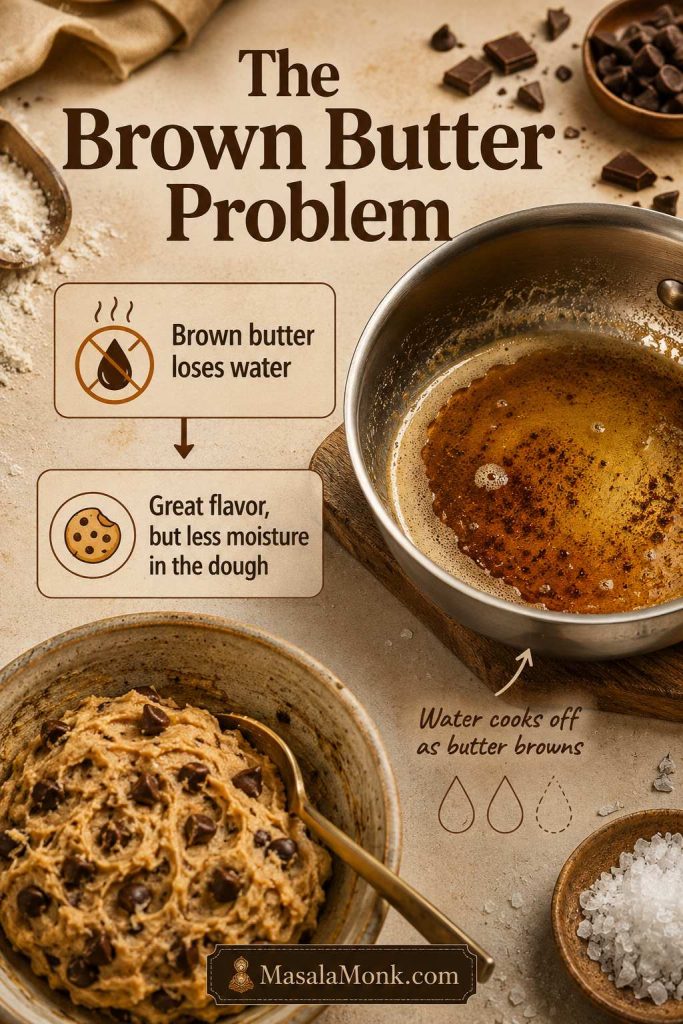 Brown butter moisture-loss guide showing browned butter, cookie dough, and text explaining that brown butter loses water during cooking.