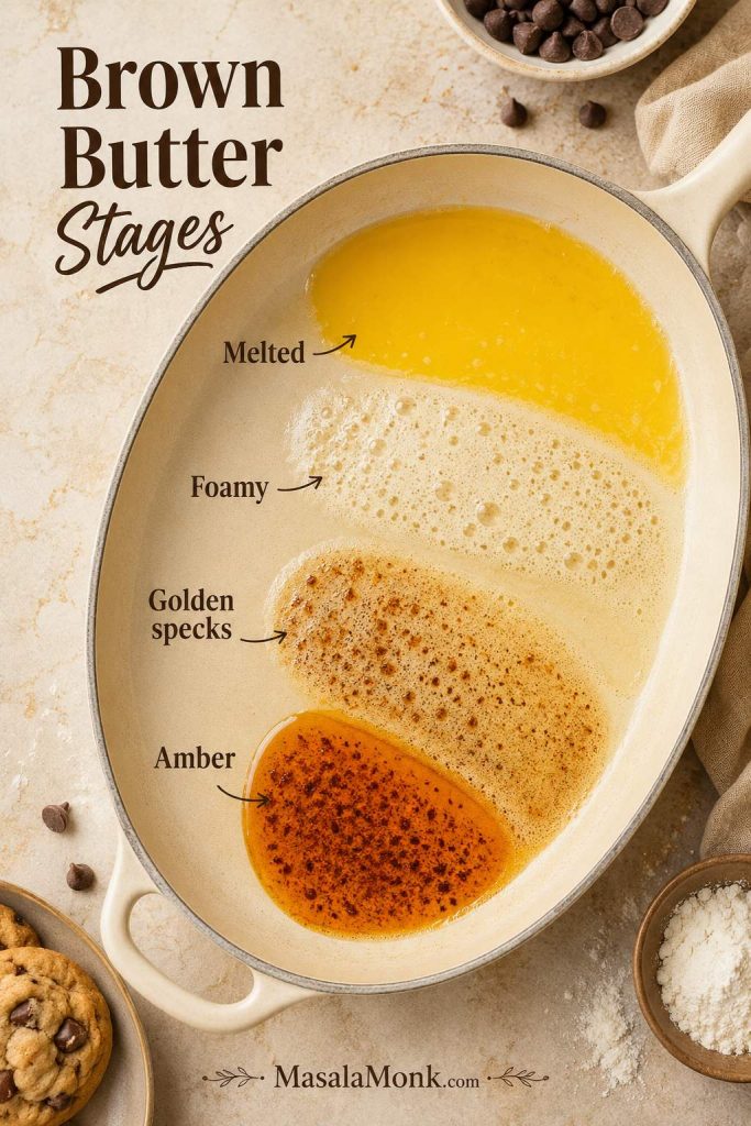 Brown butter stages guide showing melted butter, foamy butter, golden specks, and amber brown butter for cookie dough.