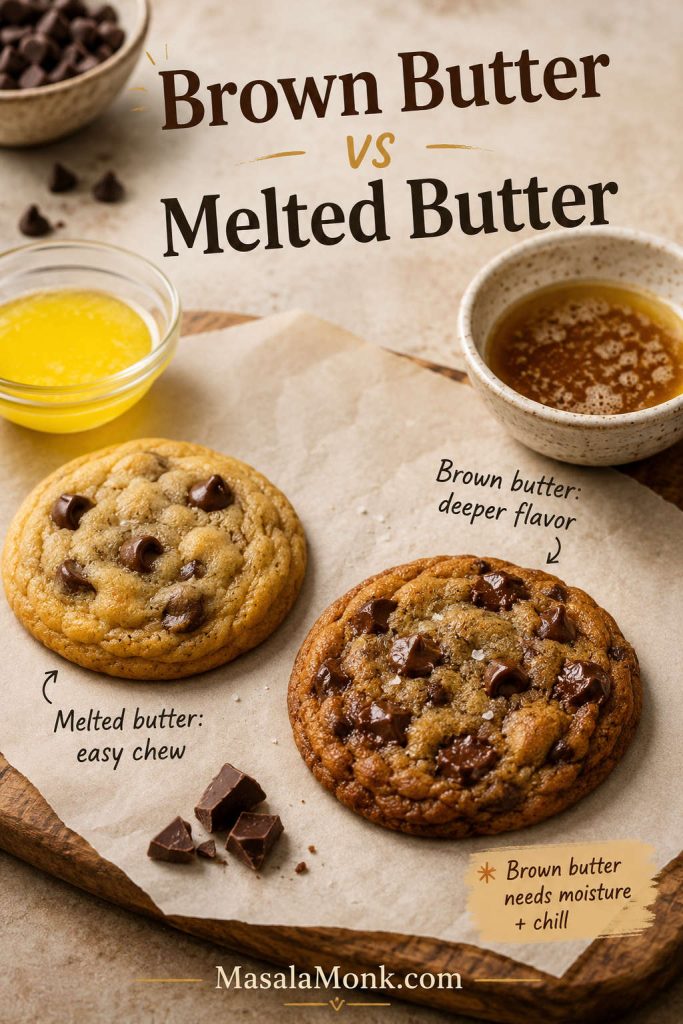 Melted butter cookie compared with brown butter cookie to show easy chew versus deeper toasted flavor.