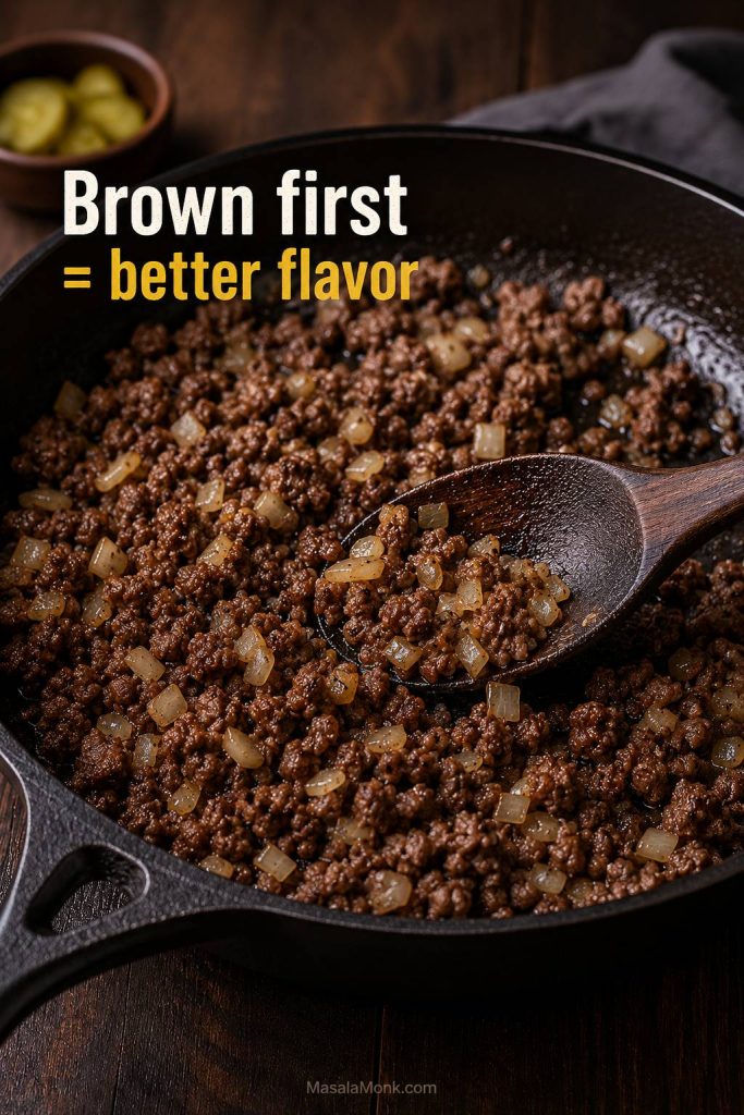 Ground beef and chopped onion browning in a skillet for cheeseburger macaroni.