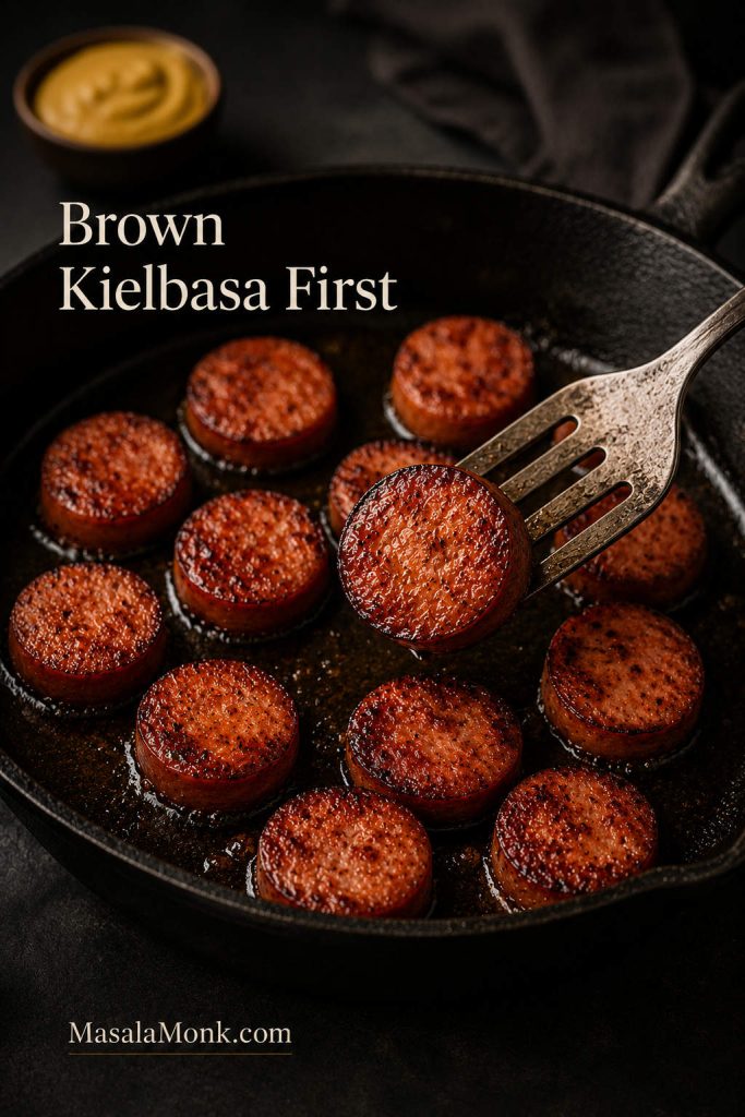 Kielbasa slices browning in a cast iron skillet with a utensil lifting one piece.