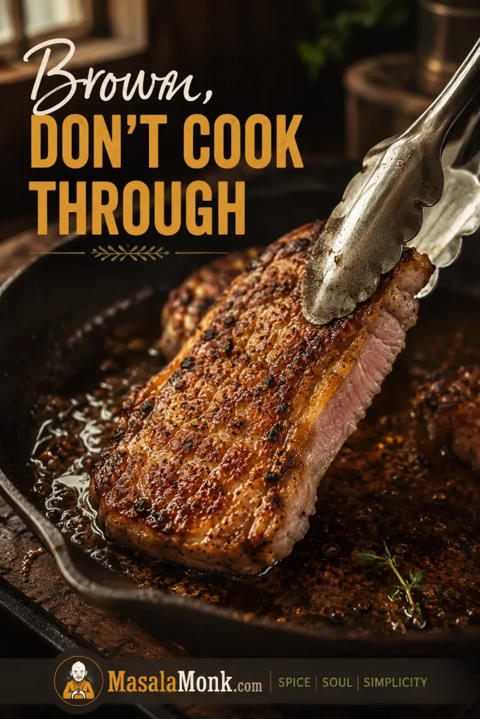 Pork chop browning in a skillet with tongs lifting one edge to show a golden sear.