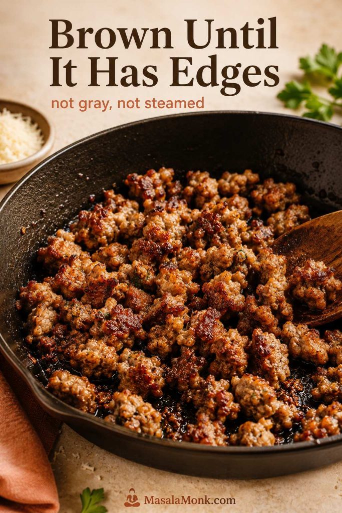 Close-up of browned Italian sausage crumbles in a dark skillet with golden edges and browned bits on the pan.
