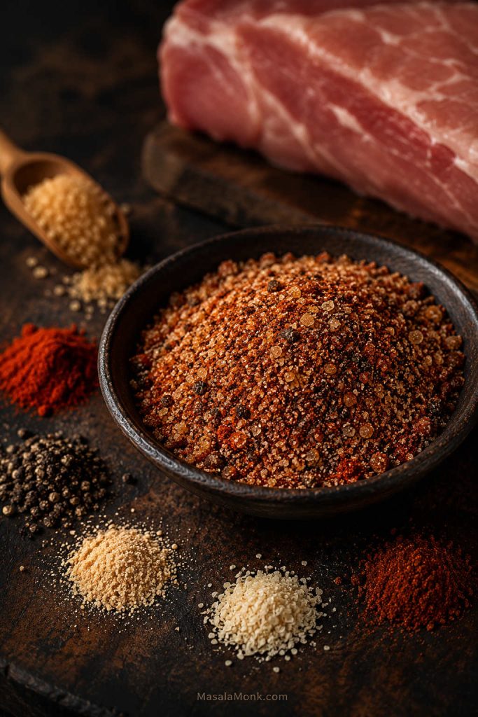 Brown sugar smoked paprika rub for smoked pork loin with spices mixed in a bowl