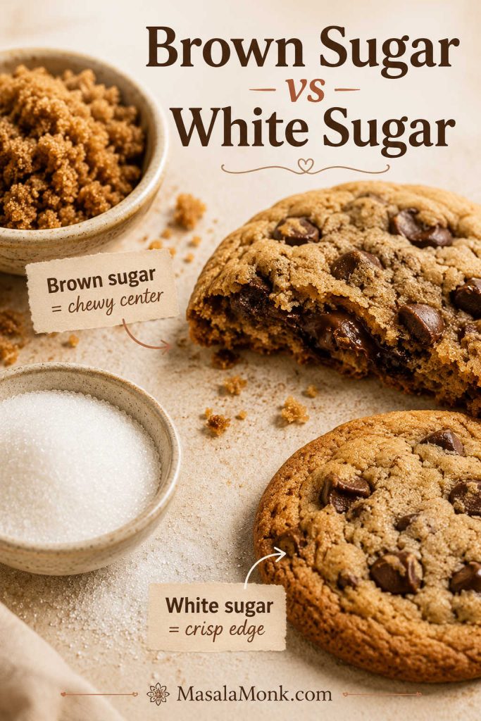 Brown sugar and white sugar comparison showing brown sugar for chewy cookie centers and white sugar for crisp cookie edges.