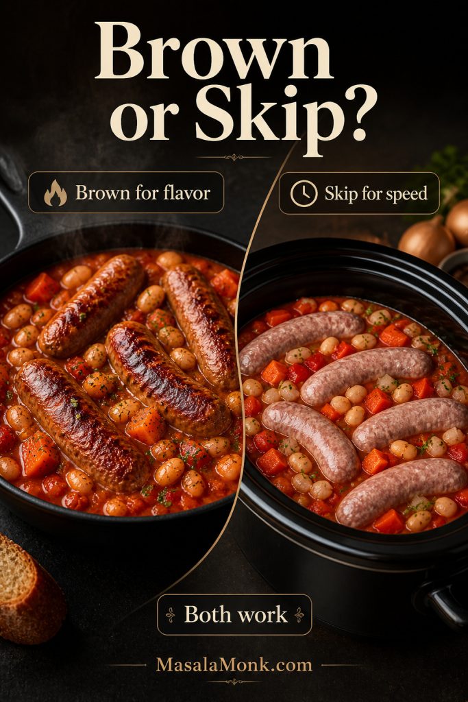 Comparison showing browned sausages in a pan and thawed sausages added directly to a slow cooker.