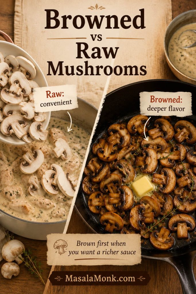 Comparison of raw sliced mushrooms and browned mushrooms for cream of mushroom chicken.