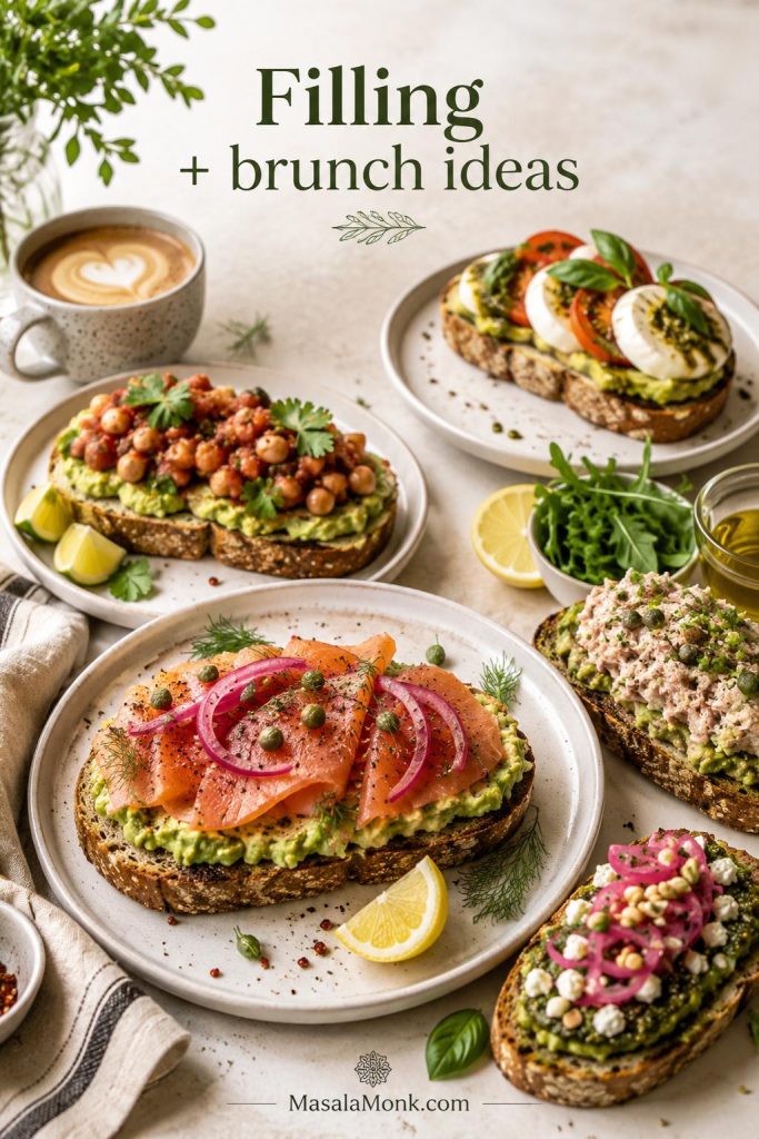 Brunch avocado toast spread with smoked salmon, beans, caprese toppings, tuna, pesto, pickled onion, lemon, and herbs.
