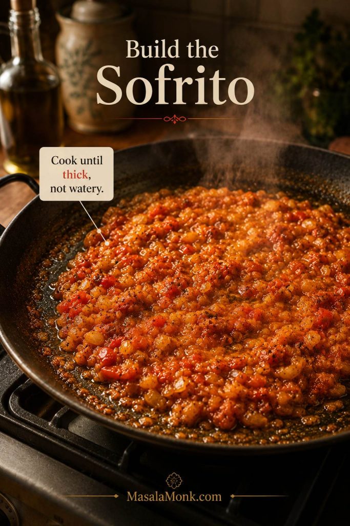Thick tomato, onion, garlic, and red pepper sofrito cooking down in a wide pan for paella.