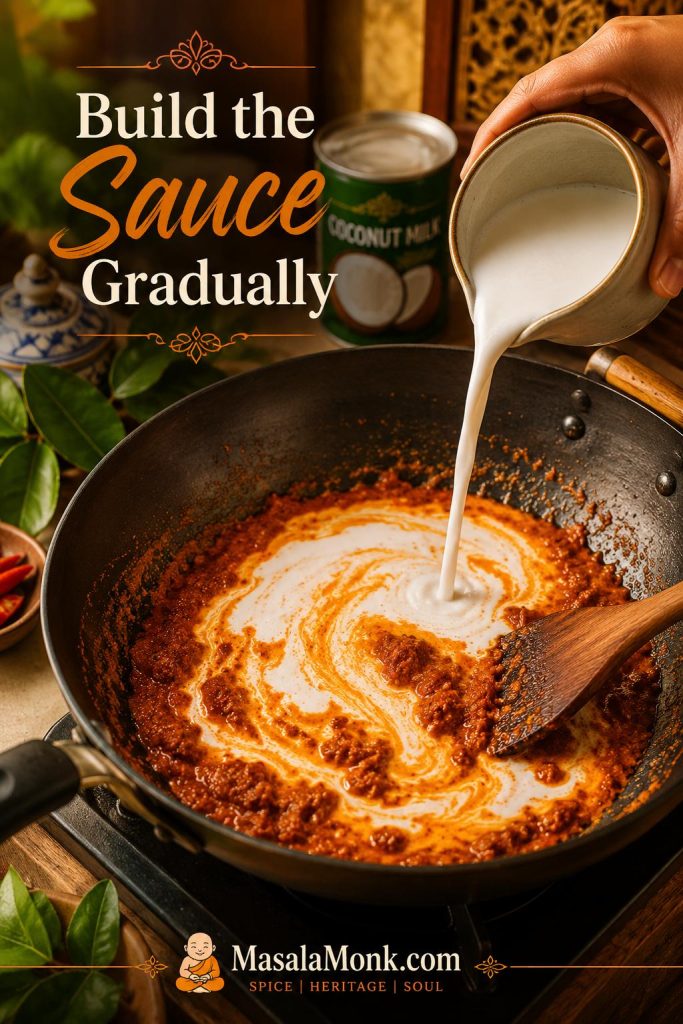 Coconut milk being poured into fried Panang curry paste in a wok, creating orange-red swirls as the sauce forms.