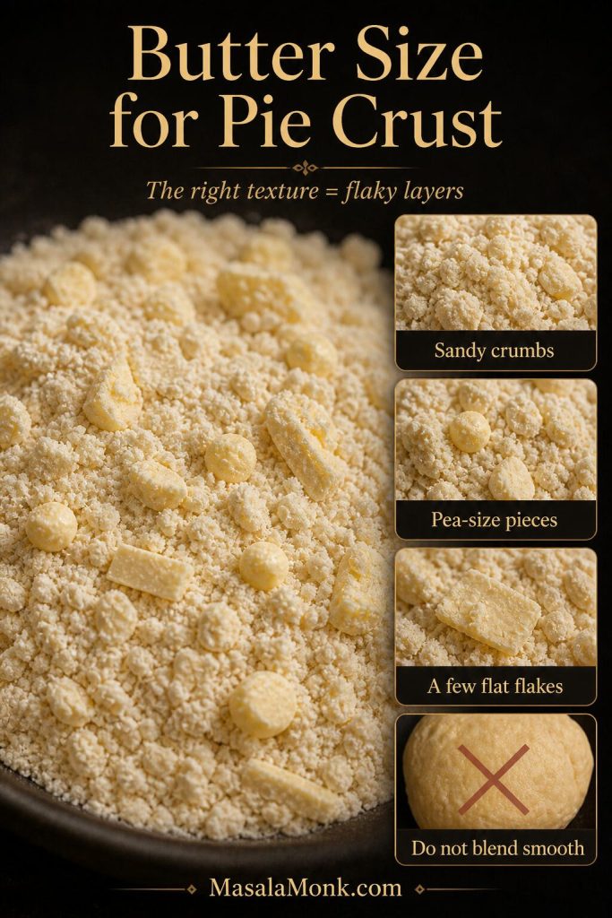 Close-up pie dough mixture showing sandy crumbs, pea-size butter pieces, flat butter flakes, and a do-not-blend-smooth reminder.