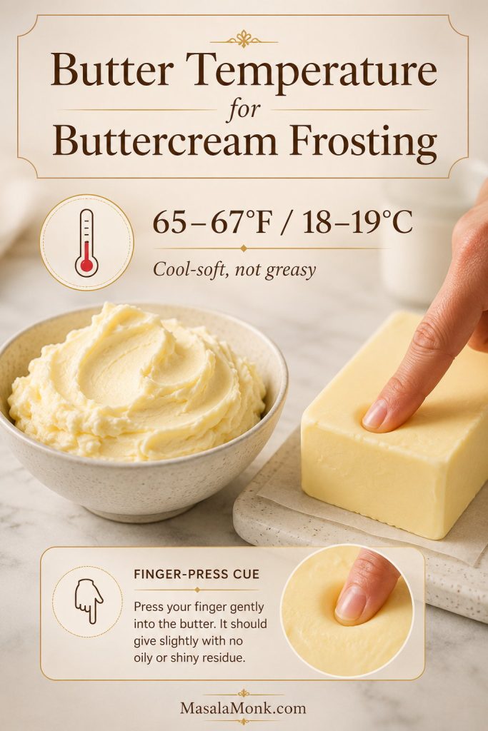 Butter temperature guide with softened butter, thermometer cue, and finger-press test showing 65 to 67 degrees Fahrenheit.