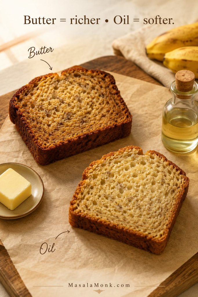 Two banana bread slices comparing butter and oil versions with butter, oil, bananas, and the text “Butter = richer, Oil = softer.”