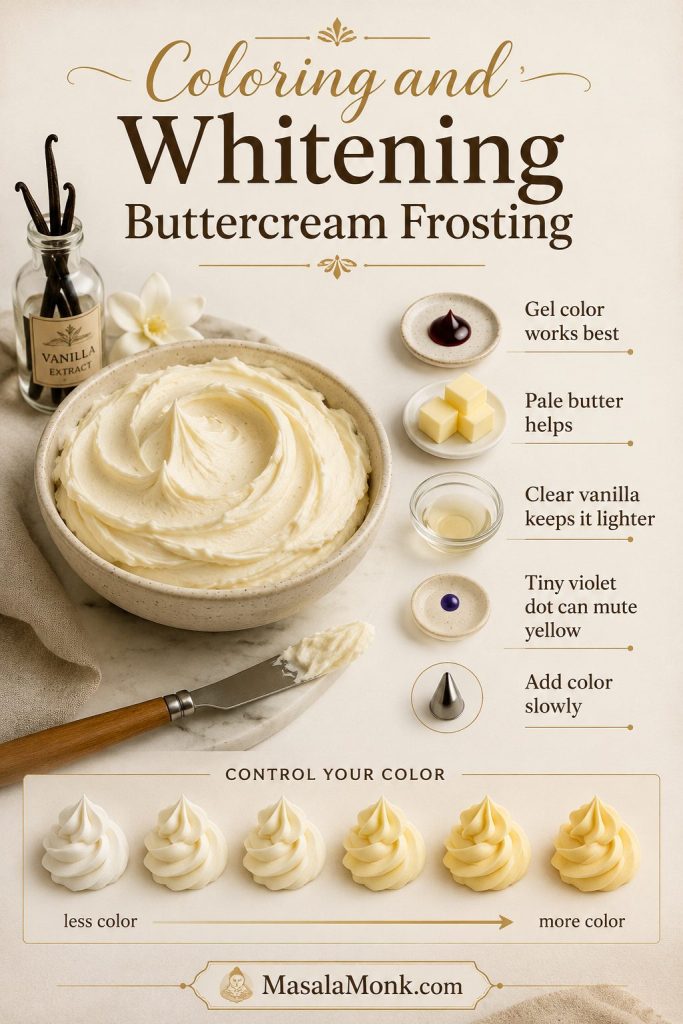 Coloring and whitening buttercream guide with pale frosting, gel color, clear vanilla, pale butter, violet correction, and color swatches.