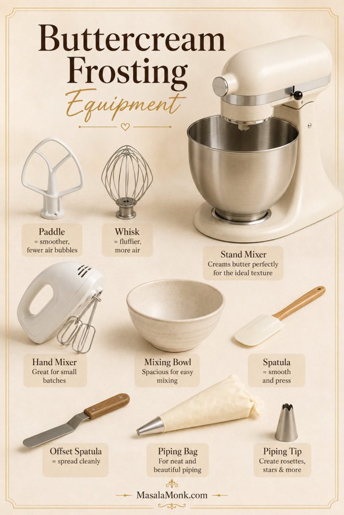 Buttercream equipment board with a stand mixer, paddle, whisk, hand mixer, spatulas, piping bag, piping tip, and bowl.