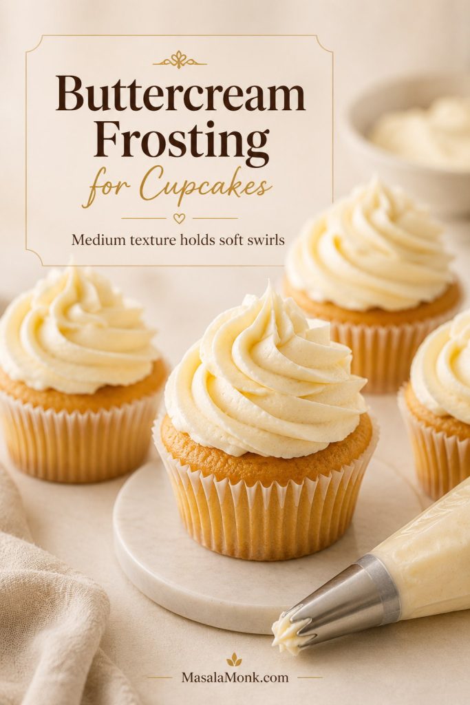 Cupcakes topped with pale vanilla buttercream swirls beside a piping bag and piping tip.