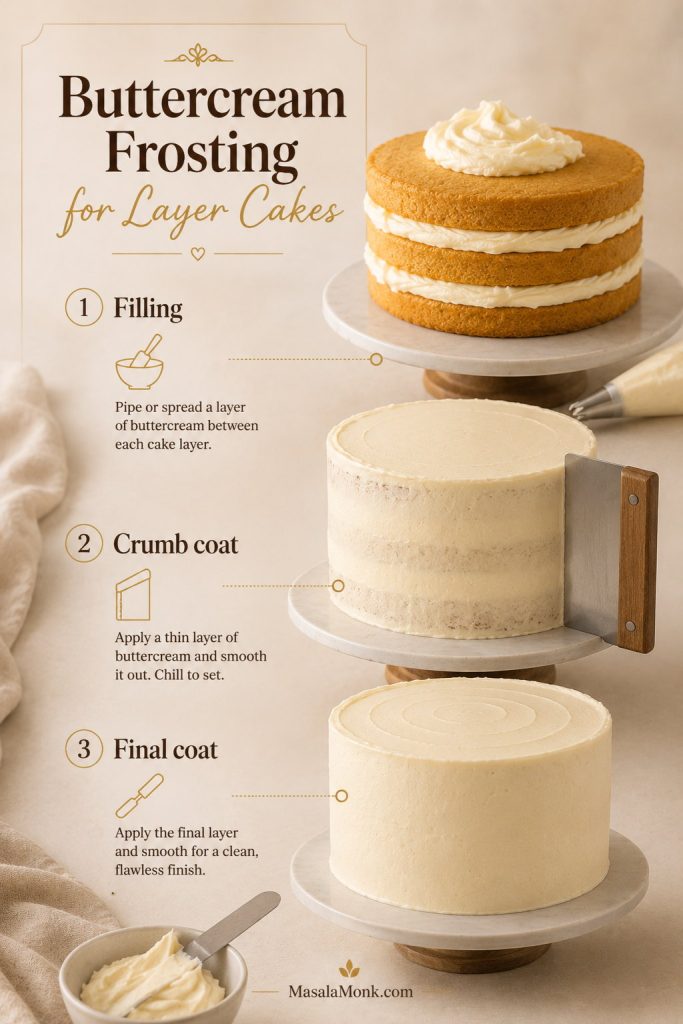 Layer cake guide showing buttercream filling, crumb coat, and final coat stages with cake-decorating tools.