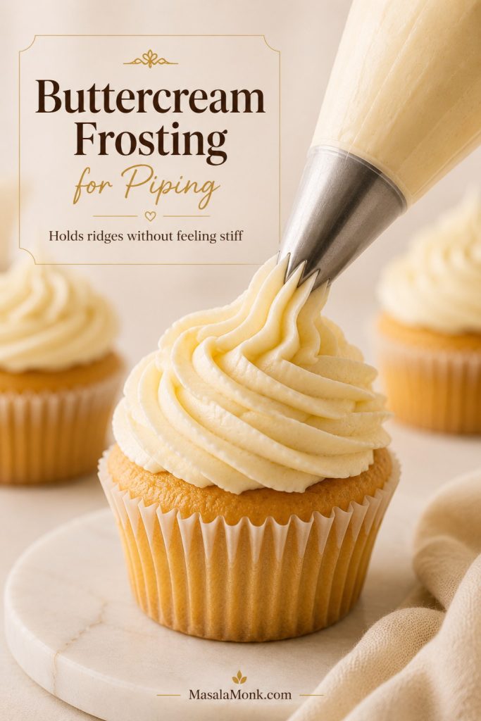 Piping bag forming a ridged buttercream swirl with pale frosting that holds its shape.