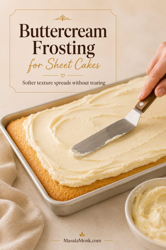 Offset spatula spreading pale buttercream frosting over a rectangular sheet cake.