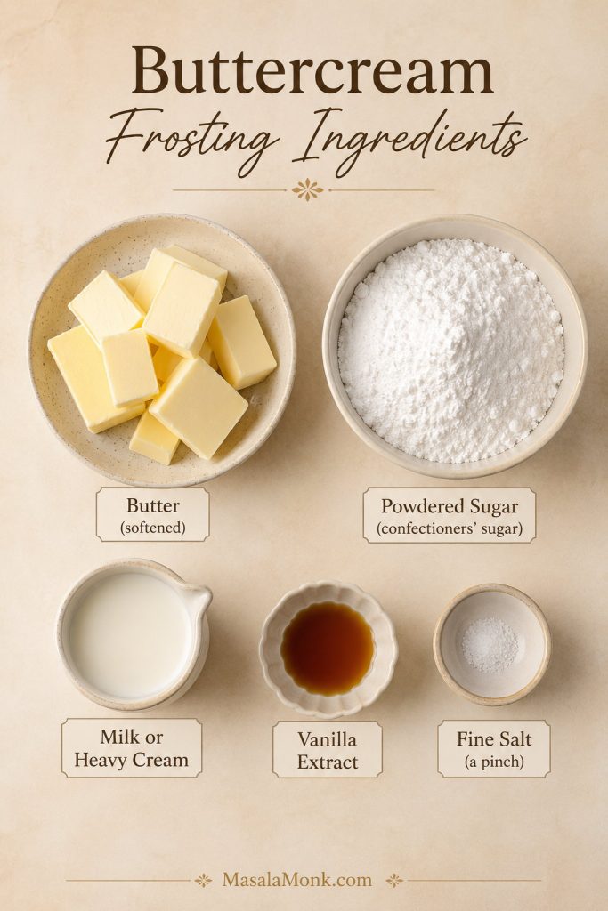 Overhead board of buttercream frosting ingredients: butter, powdered sugar, milk or heavy cream, vanilla extract, and fine salt.