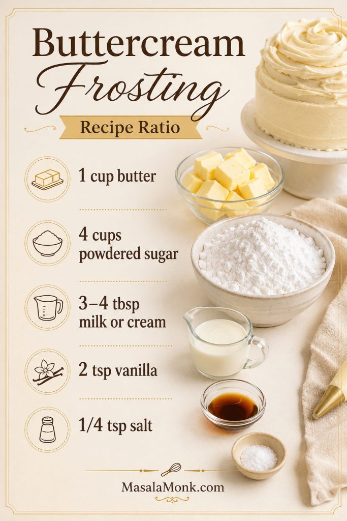 Buttercream frosting ratio board with butter, powdered sugar, milk or cream, vanilla, and salt measured for the recipe.