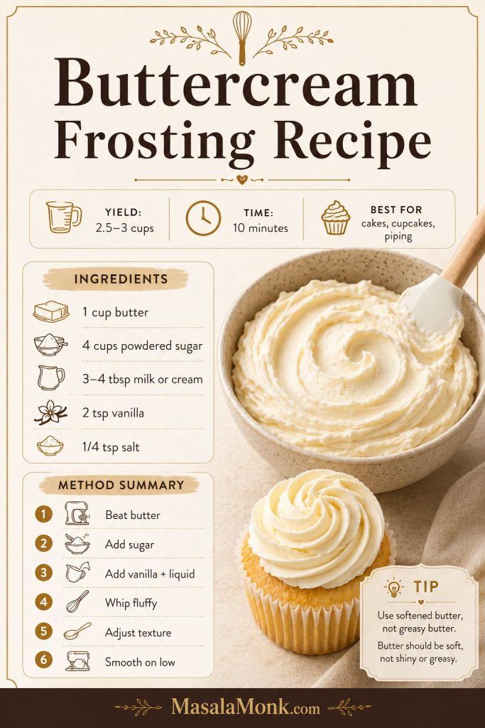 Saveable buttercream frosting recipe card with yield, time, ingredients, method summary, a bowl of frosting, and a frosted cupcake.