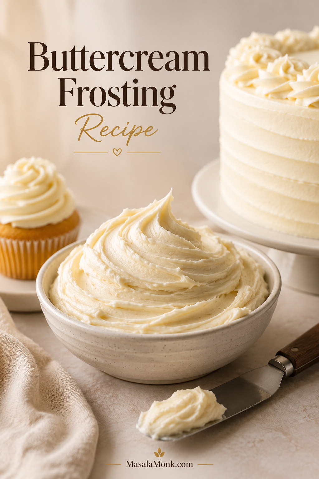 Bowl of fluffy vanilla buttercream frosting with a frosted cupcake, partial cake, and offset spatula in a warm bakery setting.