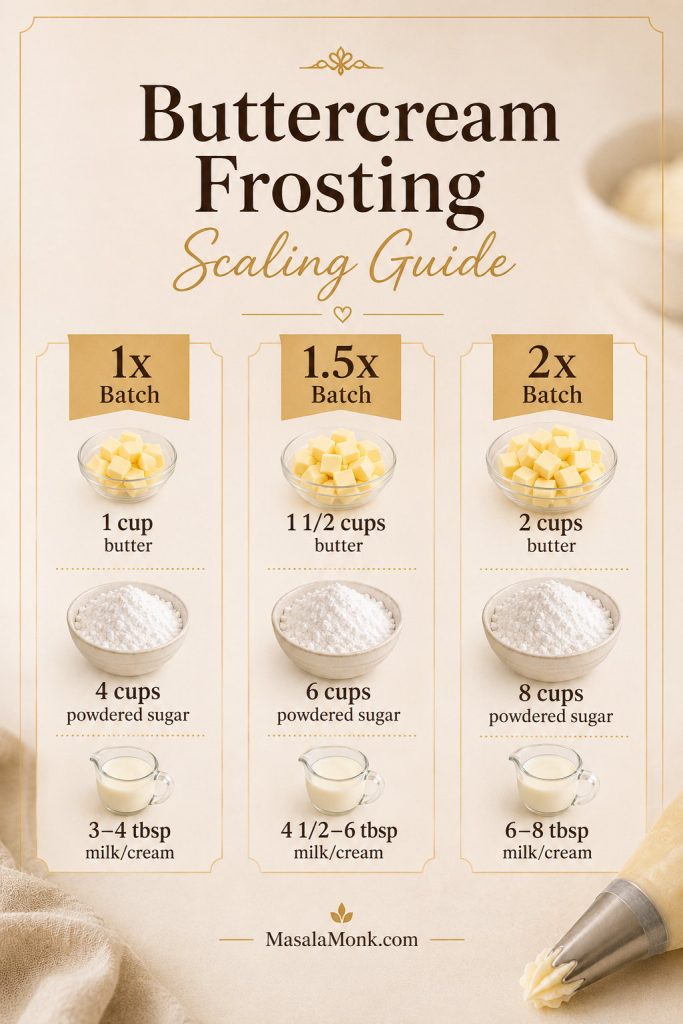 Scaling guide for 1x, 1.5x, and 2x buttercream frosting batches with butter, powdered sugar, and milk or cream amounts.