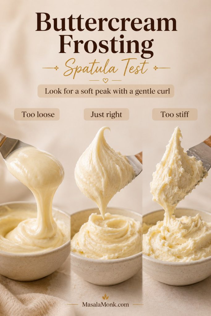 Spatula test showing buttercream frosting that is too loose, just right, and too stiff.