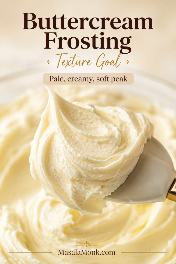 Close-up of pale vanilla buttercream on a spatula with smooth ridges and a soft peak.