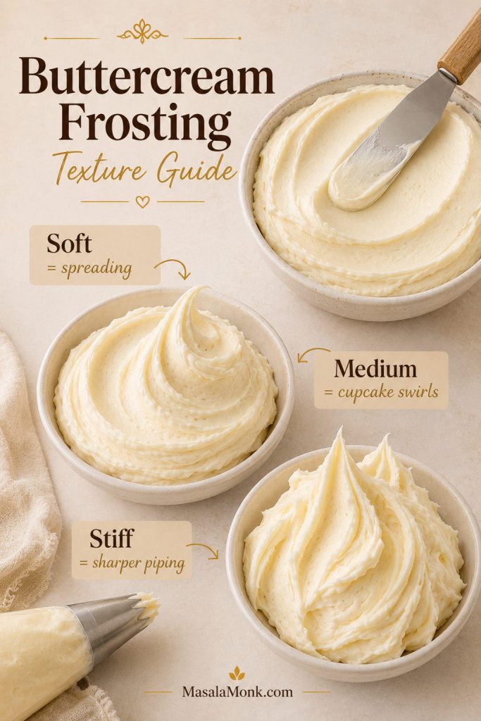Buttercream texture guide showing soft, medium, and stiff frosting consistencies for spreading, cupcake swirls, and sharper piping.