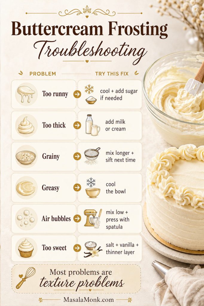 Troubleshooting board for runny, thick, grainy, greasy, bubbly, and too-sweet buttercream frosting problems.