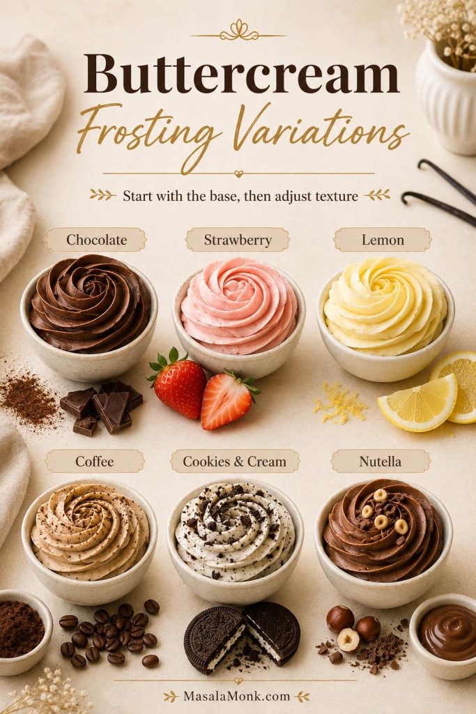 Six buttercream frosting variations in bowls labeled chocolate, strawberry, lemon, coffee, cookies and cream, and Nutella.