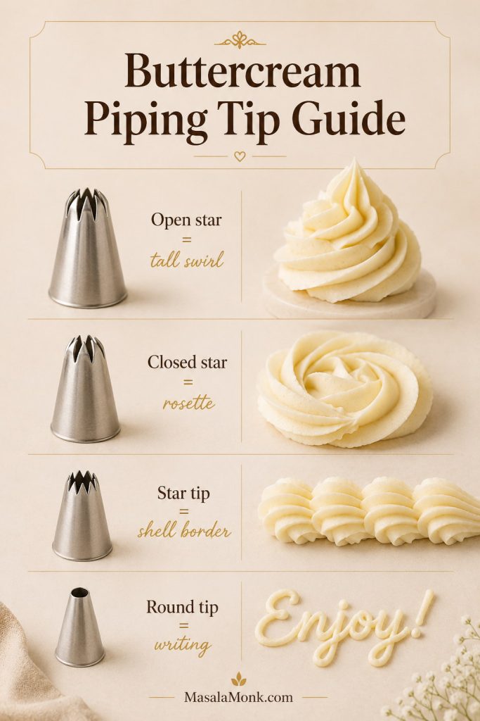 Piping tip guide showing open star, closed star, star tip, and round tip results in buttercream frosting.