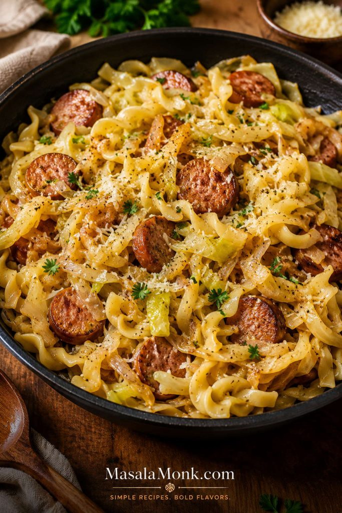 Cabbage and kielbasa pasta in a skillet with cooked cabbage, onions, sausage slices, noodles, herbs, and grated cheese.