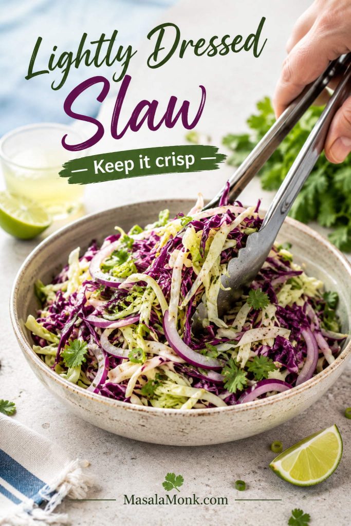 Cabbage slaw for shrimp tacos being tossed with lime, cilantro, onion, and herbs
