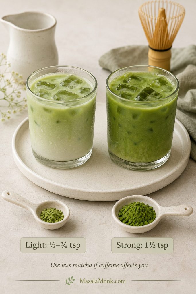 Two iced matcha lattes showing light and strong matcha amounts with matcha powder spoons