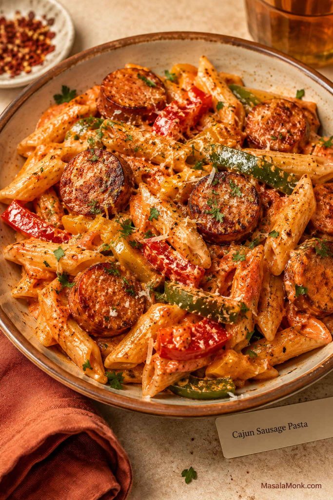Cajun sausage pasta with sliced sausage coins, bell peppers, creamy red-orange sauce, parmesan, parsley, and seasoning flecks.