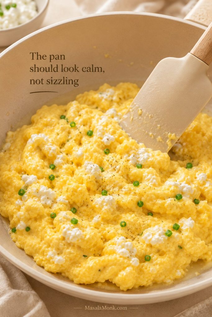 Scrambled eggs with cottage cheese cooking gently in a nonstick pan with a silicone spatula.