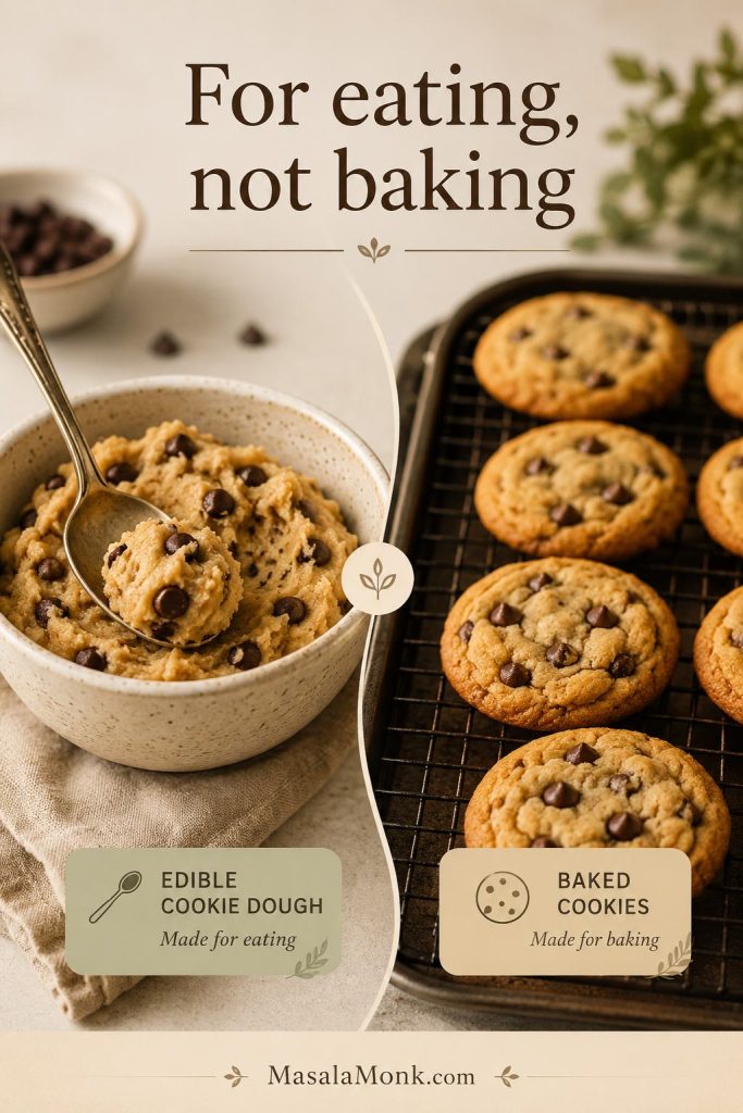 Edible cookie dough in a bowl is shown beside baked cookies on a tray to compare dough for eating with dough for baking.