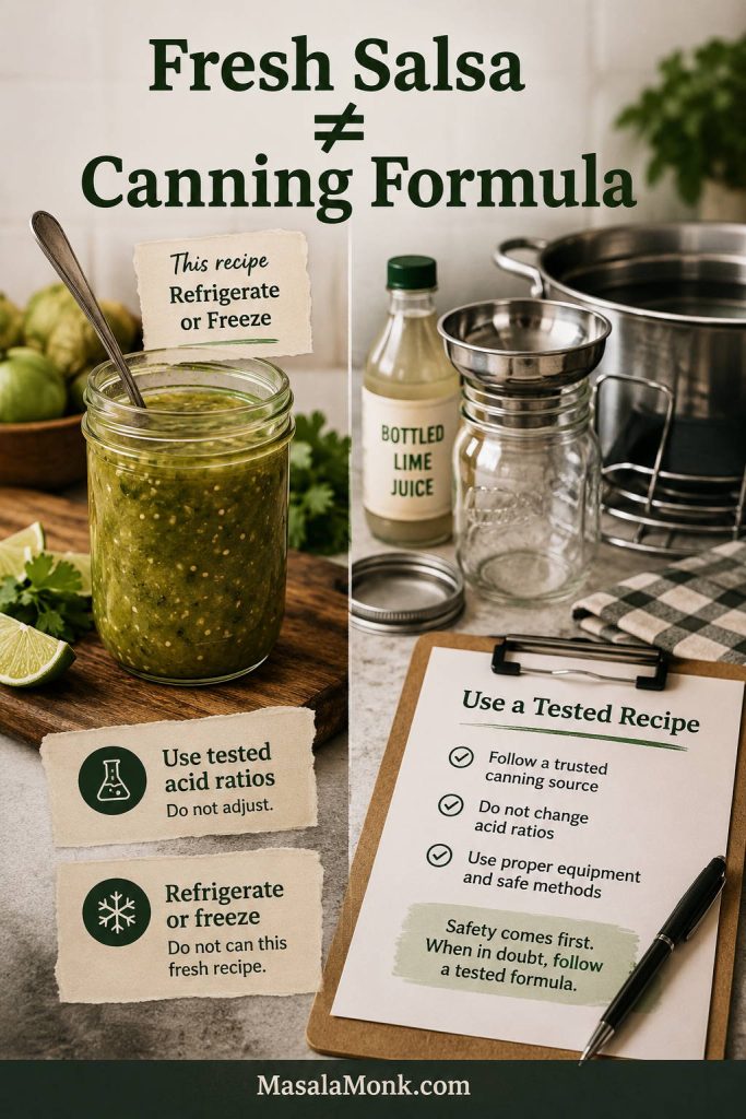 Canning safety graphic with fresh salsa verde, bottled lime juice, jars, canning equipment, and notes to refrigerate or freeze this recipe