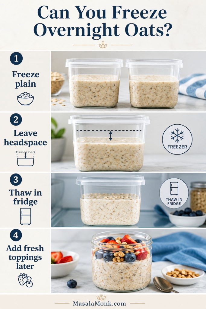 Freezing guide for overnight oats showing plain containers with headspace, thawing in the fridge, and fresh toppings added later.
